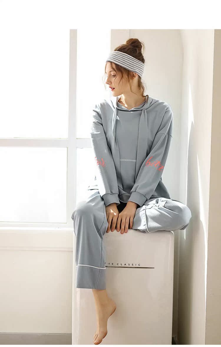 Jing Yun 2019 new xuân nữ đồ ngủ cotton dài tay nữ dịch vụ nhà mũ trùm đầu thể thao lỏng lẻo - Bên ngoài ăn mặc các kiểu đồ bộ mặc ở nhà đẹp