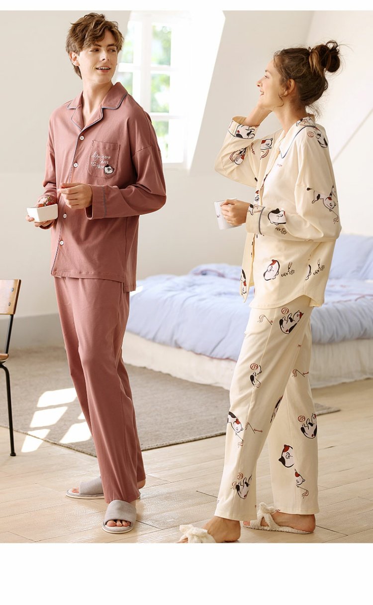 Jing Yun 2019 xuân hè mới cho cặp đôi đồ ngủ cotton dài tay nữ dễ thương dịch vụ tại nhà ve áo cardigan phù hợp với nam - Bên ngoài ăn mặc bộ đồ khủng long