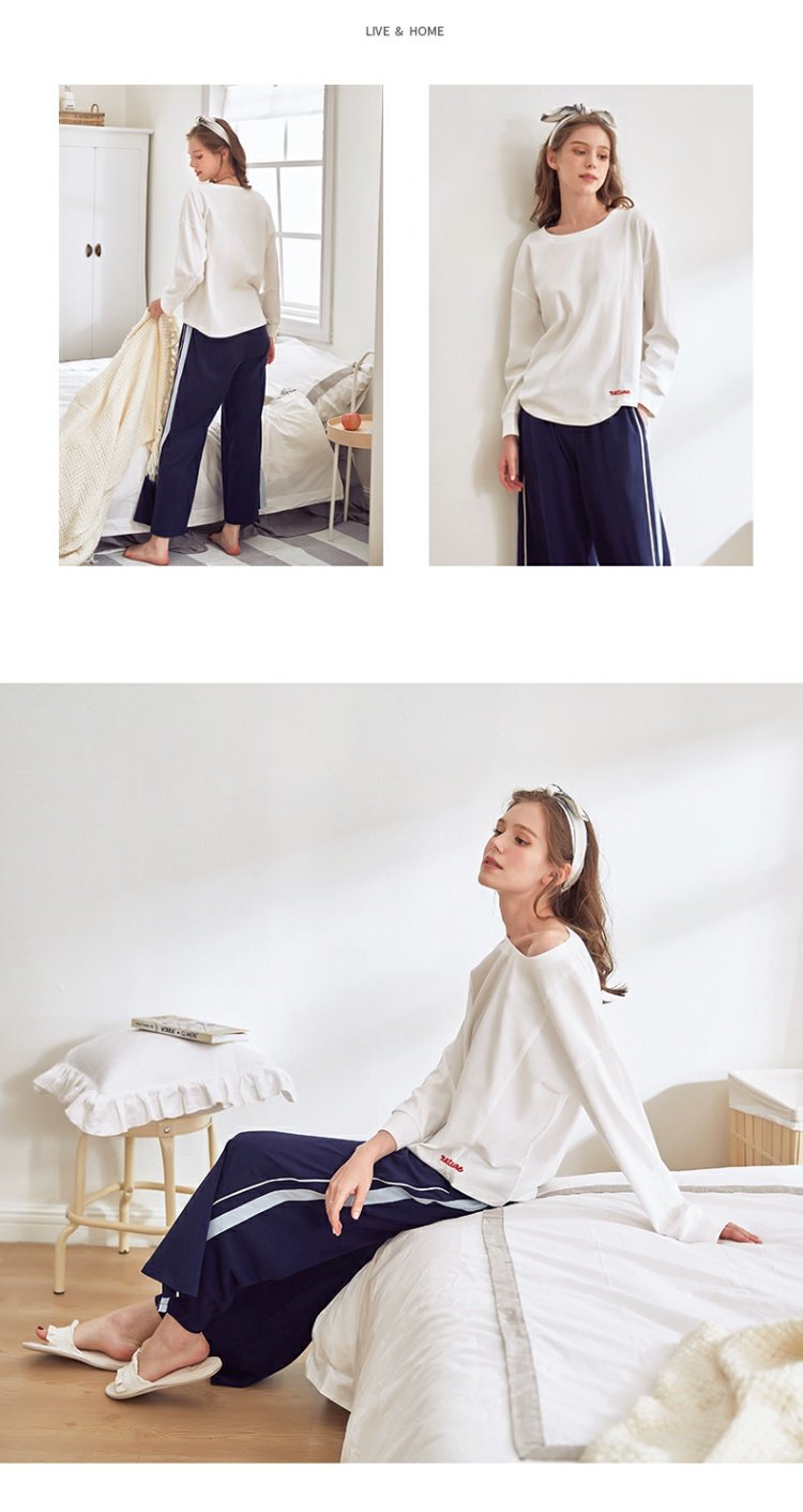 Jing Yun mùa xuân và mùa thu đồ ngủ cotton phụ nữ đơn giản dài tay dịch vụ nhà cô gái giản dị rắn màu rộng chân phù hợp với cotton - Bên ngoài ăn mặc bộ đồ ngủ
