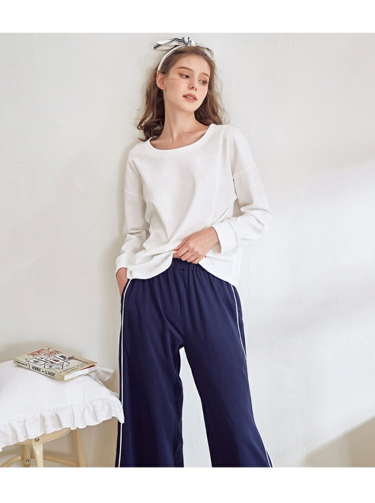 Jing Yun mùa xuân và mùa thu đồ ngủ cotton phụ nữ đơn giản dài tay dịch vụ nhà cô gái giản dị rắn màu rộng chân phù hợp với cotton - Bên ngoài ăn mặc bộ đồ ngủ