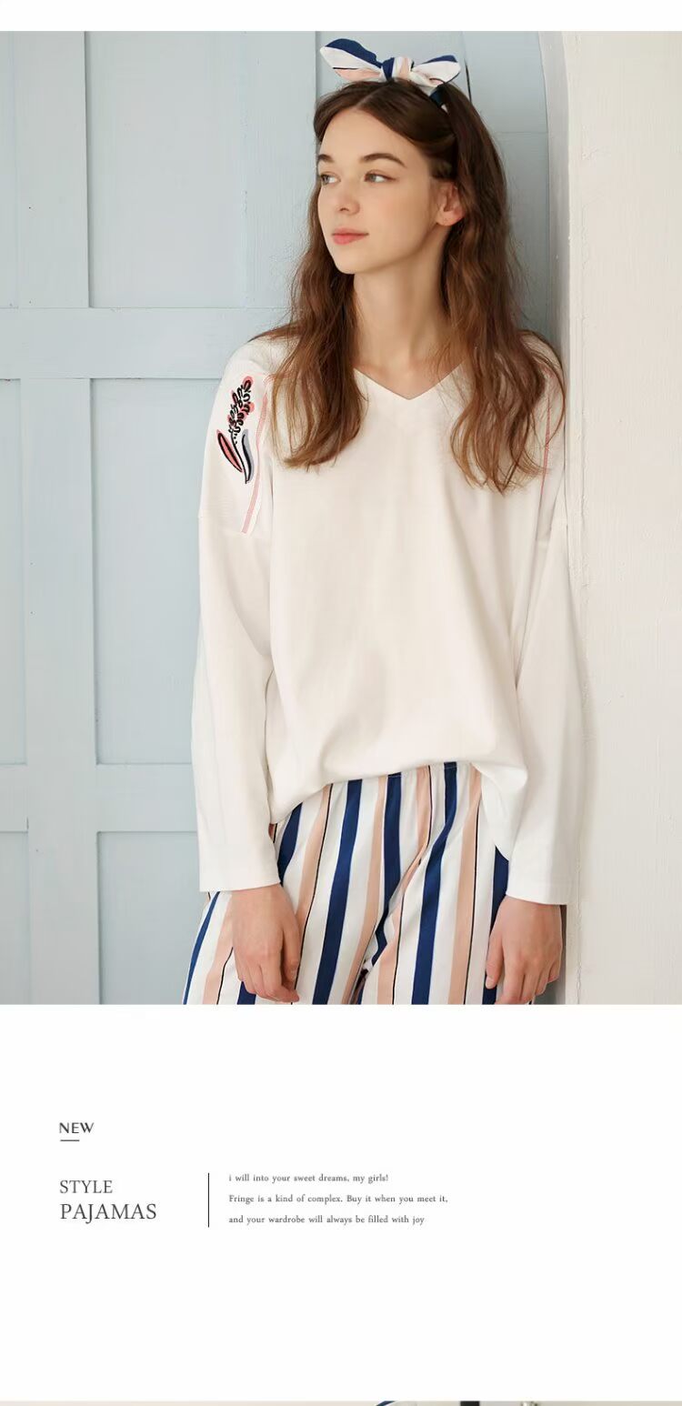 Jing Yun 2019 đồ ngủ cotton mới cho nữ mùa xuân và mùa thu lỏng lẻo Dịch vụ nhà nữ có thể mặc một bộ đồ cổ chữ V màu rắn - Bên ngoài ăn mặc shop do bo