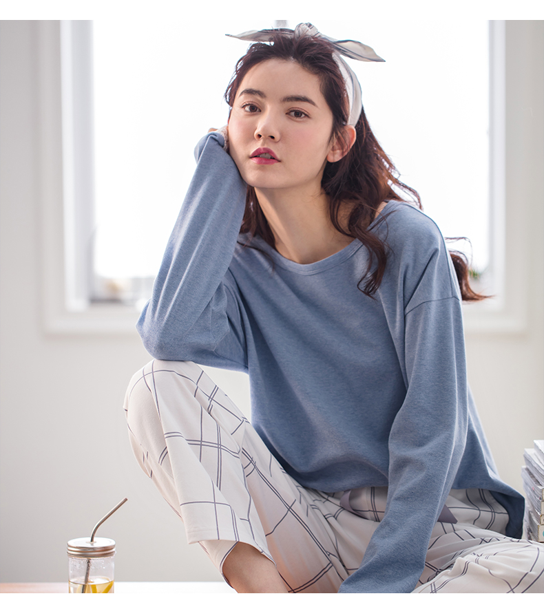 Bộ đồ ngủ Jing Yun nữ mùa thu cotton dài tay phiên bản Hàn Quốc của dịch vụ mặc nhà nữ đơn giản có thể mặc set đồ rộng chân cho nhà. đồ bộ mặc nhà đẹp
