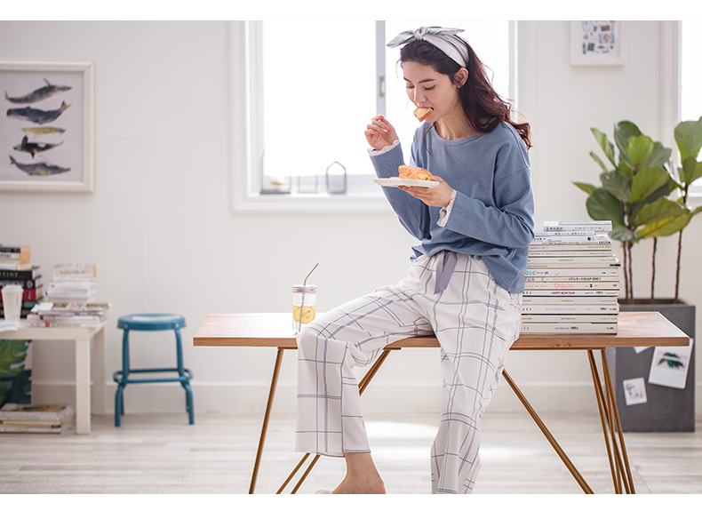 Bộ đồ ngủ Jing Yun nữ mùa thu cotton dài tay phiên bản Hàn Quốc của dịch vụ mặc nhà nữ đơn giản có thể mặc set đồ rộng chân cho nhà. đồ bộ mặc nhà đẹp