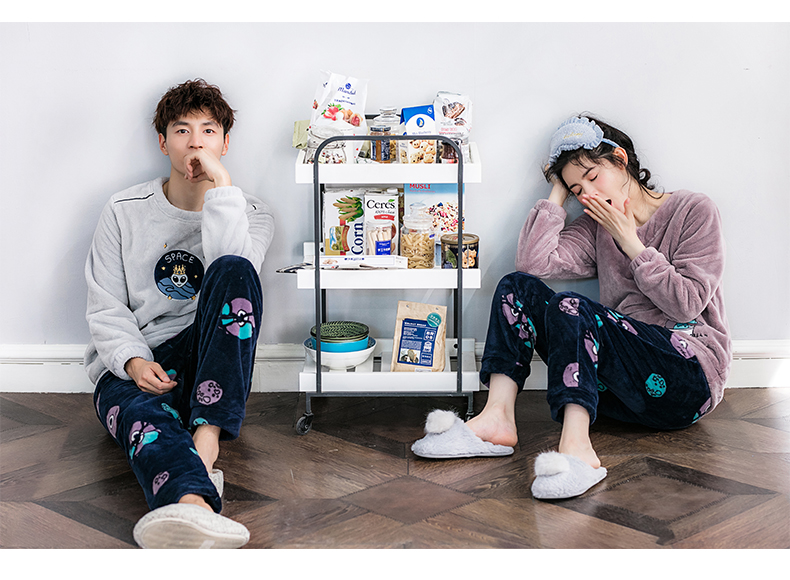 Jing Yun mùa đông mới dày ấm đôi vài bộ đồ ngủ lông cừu san hô flannel dài tay nam và nữ dễ thương dịch vụ nhà bộ đồ dễ thương cho nam nữ