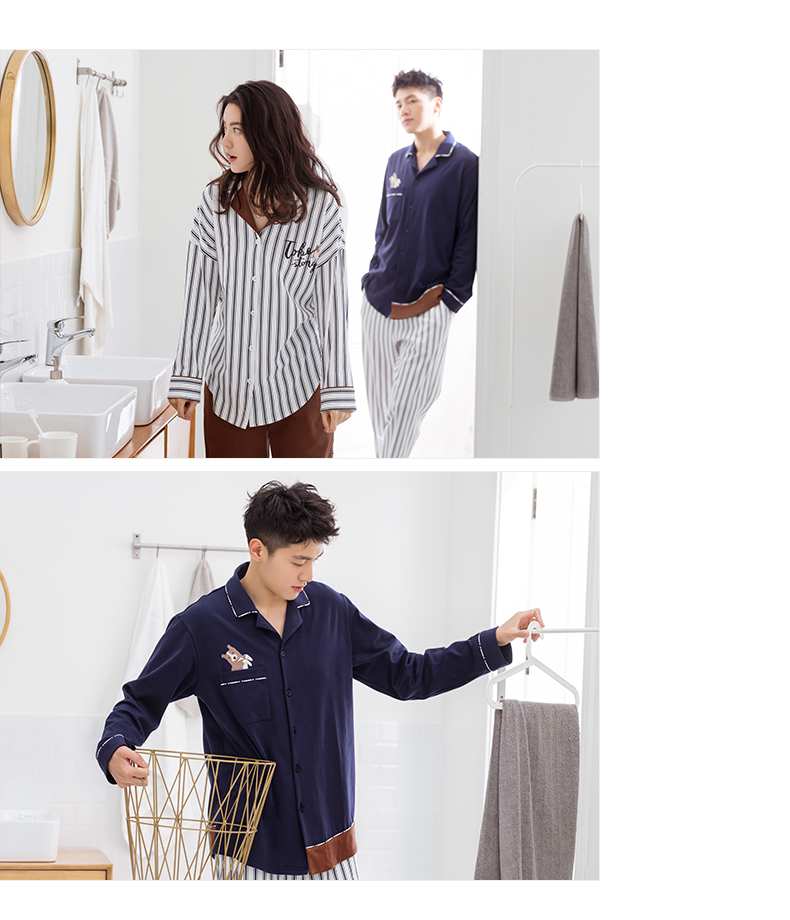 Bộ đồ ngủ dài tay Jing Yun 2018 cotton dài tay có thể mặc bên ngoài bộ vest nam đơn giản phục vụ nhà sọc nữ - Bên ngoài ăn mặc đồ bộ nam cao cấp