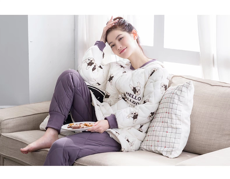 Jing Yun mùa đông đồ ngủ phụ nữ dày ba lớp bông và bông phụ nữ dài tay dễ thương dễ thương phù hợp với dịch vụ nhà