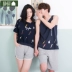 Jing Yun mùa hè mới vài bộ đồ ngủ ngắn tay áo đơn giản nhà quần áo cotton quần short giản dị bông vest phù hợp với bộ đồ thể thao nam Cặp đôi