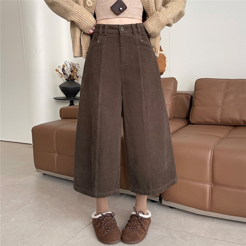 Brown Corduroy Pants for Women 2026 New Autumn and Winter High-Waisted Loose Casual Petite Wide-Leg Cropped Pants