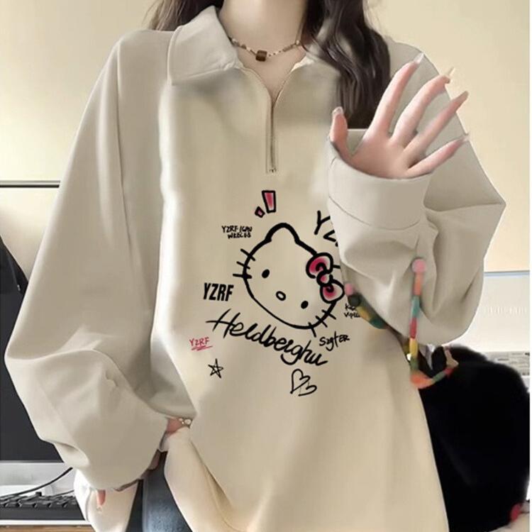 2026 Spring, Autumn and Winter New Style Jacket Polo Collar Loose Fit Junior High School and High School Students Older Children Half-Zip Pure Cotton Sweatshirt for Girls