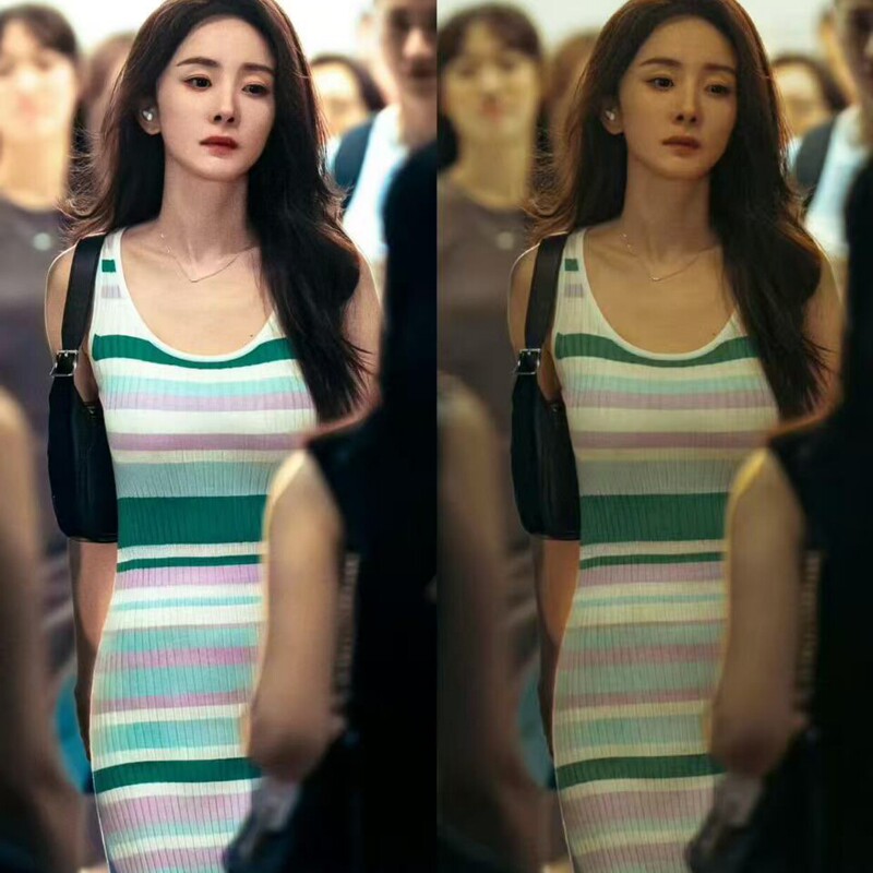 Summer Style Silent Striped Knit Dress Similar to Yang Mi'S, Long Slim-Fit Sweater Dress for Women, Spring