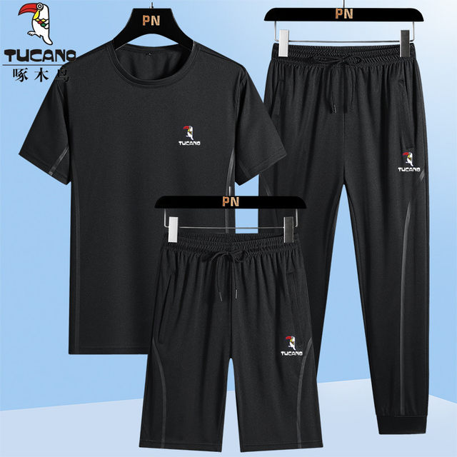 Woodpecker ກິລາແລະ leisure suit men's summer ice silk silk thin short-sleeved T-shirt men's shorts running fitness set three-pieces