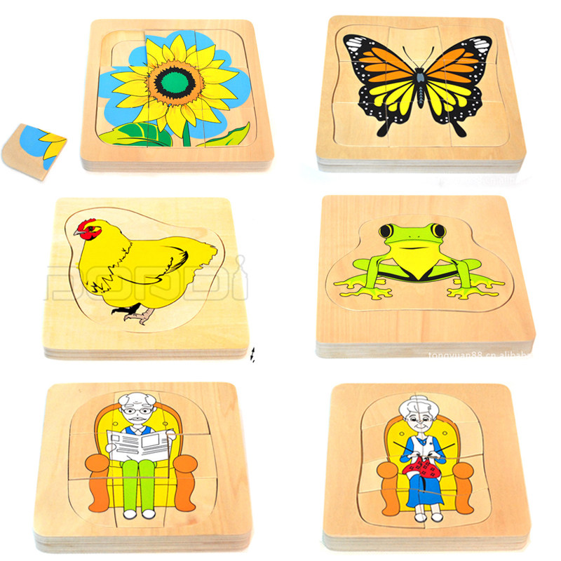 Pei Ledi's growth process multi-layer puzzle wooden panel sunflower butterfly hen puzzle Montessori early education toy