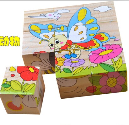 Wooden six-sided picture, nine-piece jigsaw puzzle, 3D vertical volume, wooden toy for children aged 3-4-5-6