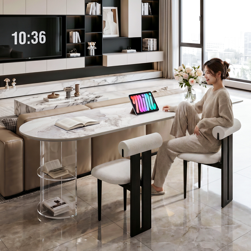 Long Table for Living Room, Pure Glossy Rock Slab, Home Office, French Cream Style, Horizontal Table Behind Sofa Long Table for Living Room, Pure Glossy Rock Slab, Home Office, French Cream Style, Horizontal Table Behind Sofa