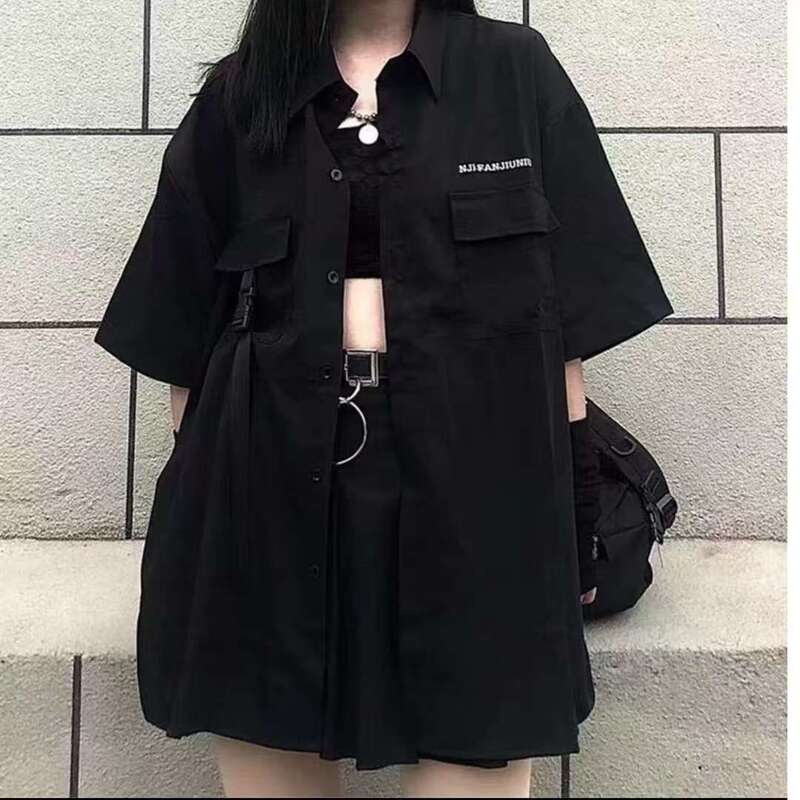 Japanese-Style Summer Retro Oversized Loose Embroidered Pocket Mountain-Style Artistic Outdoor Short-Sleeve Five-Quarter Sleeve Black Shirt for Women