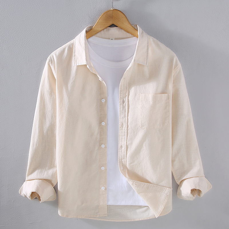 Spring Linen Shirt for Men, Long-Sleeved, Loose, Thin, Business Casual, Trendy, High-End Linen Workwear, White Cotton-Linen Shirt