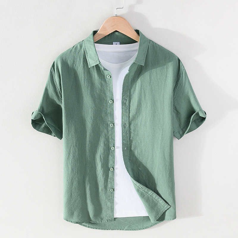 Summer Linen Shirt for Men, Short-Sleeved, Loose-Fitting, Japanese Style, Casual, Trendy Brand, Thin, Large Size, Trendy White Cotton-Linen Work Shirt