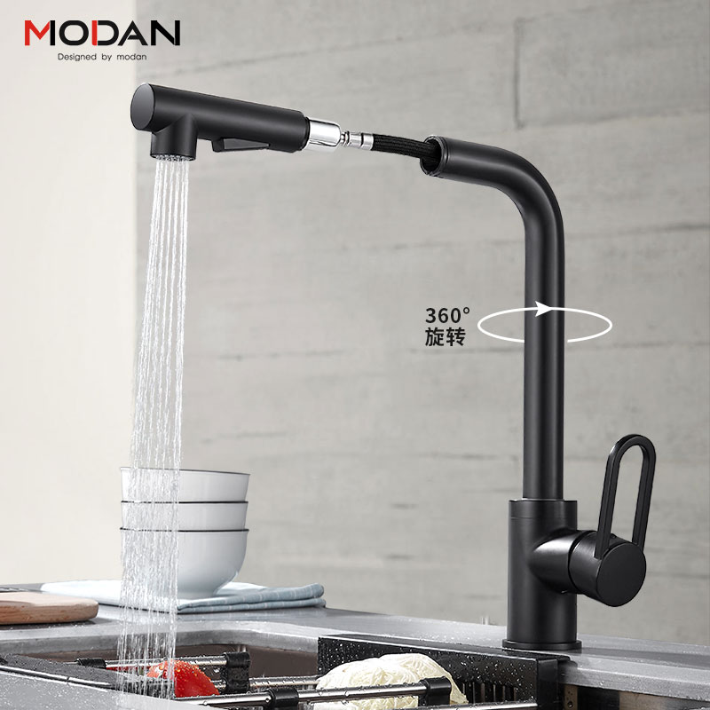 Kitchen faucet hot and cold pull-out sink sink retractable rotating black kitchen faucet splash proof