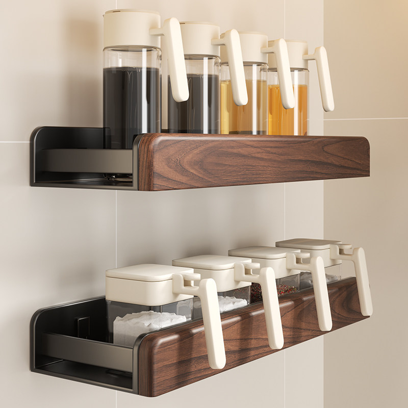 胡桃木厨房调料置物架中古风免打孔家用壁挂油盐酱醋瓶罐墙上收纳