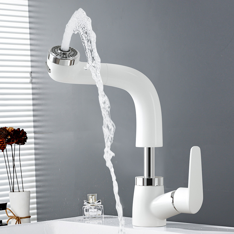 Japanese-style pull-out basin faucet hot and cold all-copper washbasin single-hole lift telescopic shower white powder room