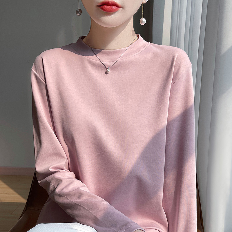 2026 Spring and Autumn New Style Half-Turtleneck Pure Cotton Autumn Shirt for Women, Short Solid Color Long Sleeve Base Layer 100% Cotton T-Shirt