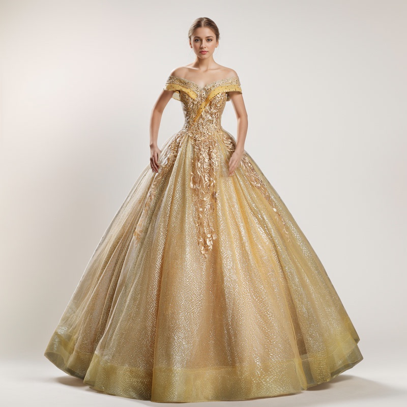 Evening Dress 2025 New Model Gold Color Annual Meeting Elegant Performance Stage Solo Tutu Dress Host Art Exam Dress Slimming for Women