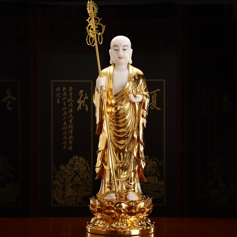 The Statue of King Jizo Buddha is dedicated to the home Jiuhua Mountain Bodhisattva Standing King Bodhisattva statue of King Bodhisattva of Jizo White Jade Paste Gold