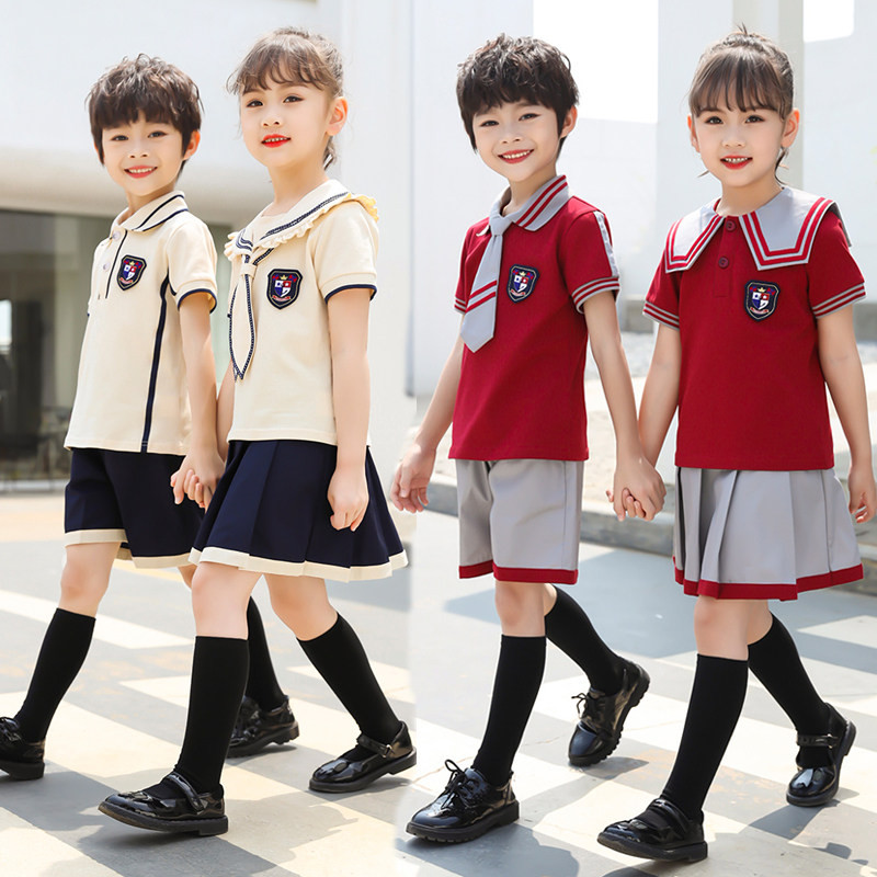 Summer kindergarten uniforms, summer clothes, primary school students, school uniforms, short-sleeved cotton, British style, graduation photos, children's class clothes
