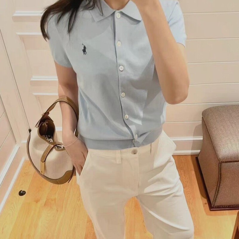 Same Style as in the Mall, 26 Spring New Collection, Pima Cotton Women's Collared Short-Sleeve Knit Cardigan, Slim Fit, Versatile Top