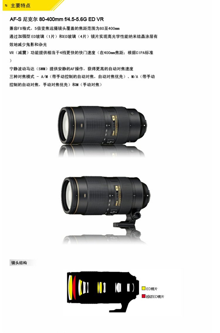 [Cửa hàng hàng đầu] Ống kính máy ảnh DSLR Nikon / Nikon AF-S 80-400mm f / 4.5-5.6G ED