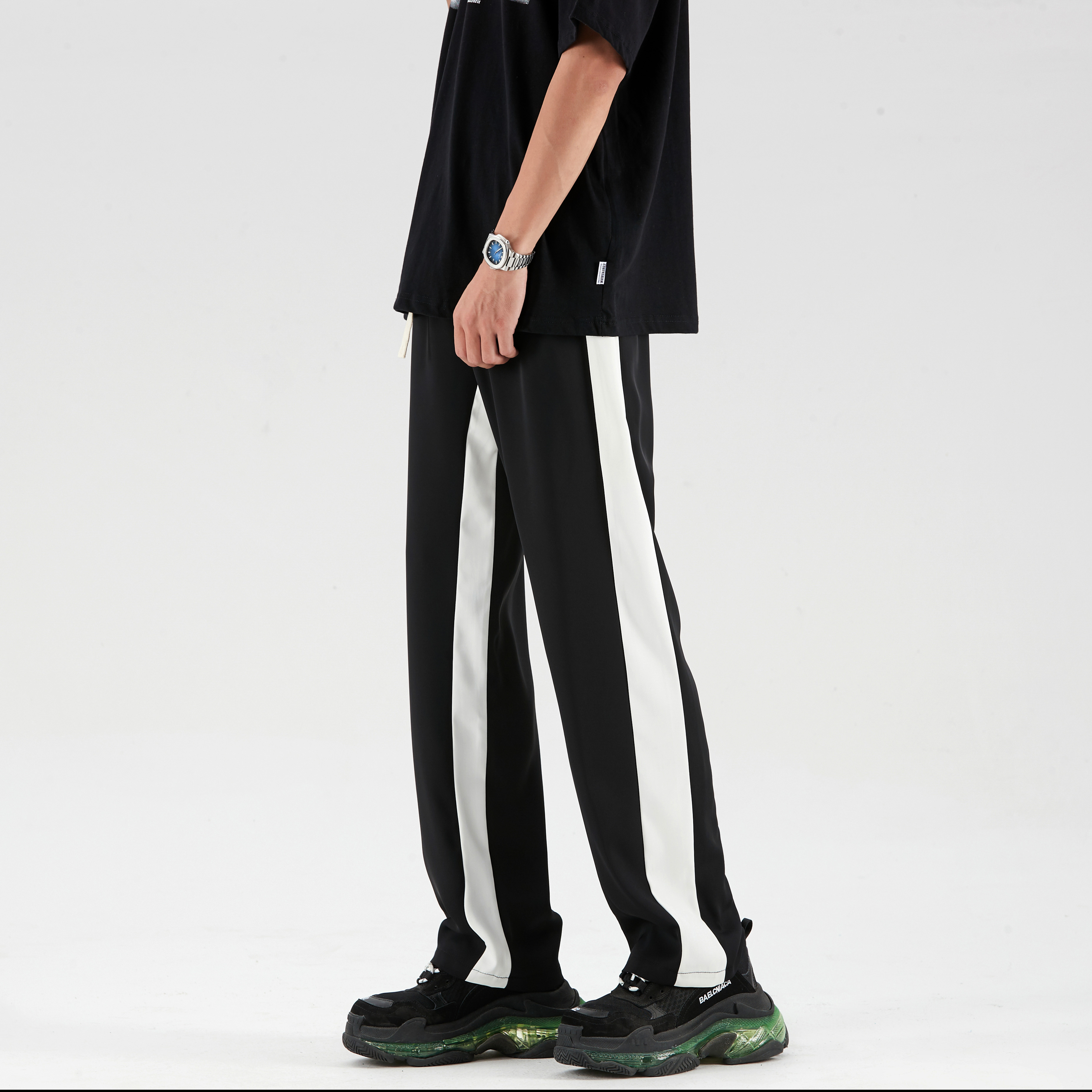 Pituitary ice silk repair pants 2023 male and female identical black and white spelled summer thin Korean version of a straight cylinder casual pants-Taobao