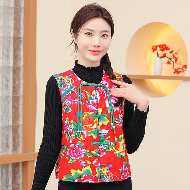 Northeastern big flower national style vest spring and summer new retro buckle new Chinese style ladies vest vest short vest thin