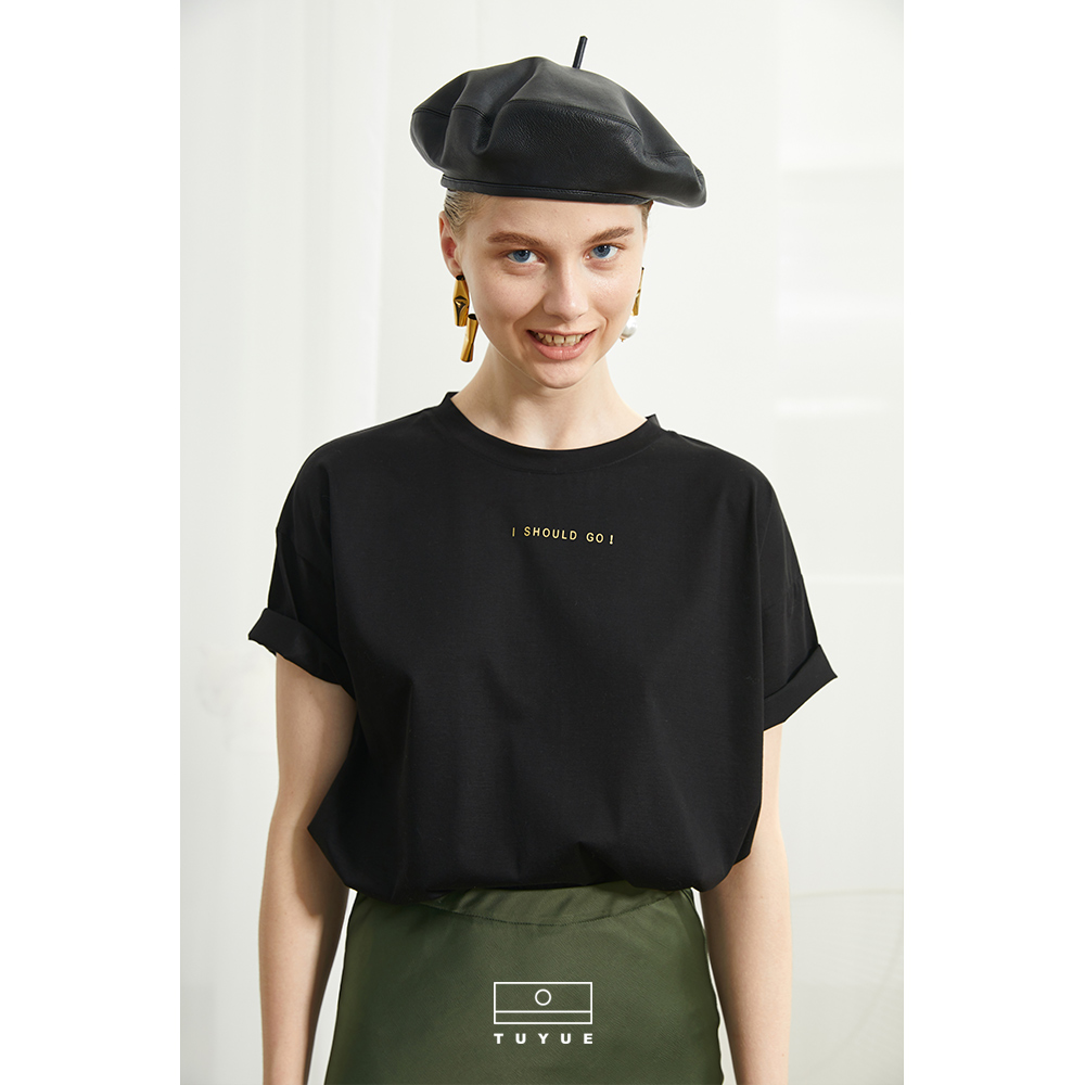 Painted moon designer black high count silk light cotton short sleeve T-shirt female summer fashion personality slogan t small round collar blouse