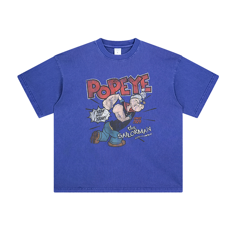Pyt Popeye American Retro Cartoon Print T-Shirt Short Sleeve Loose Fit Men's Street Vintage Washed and Distressed