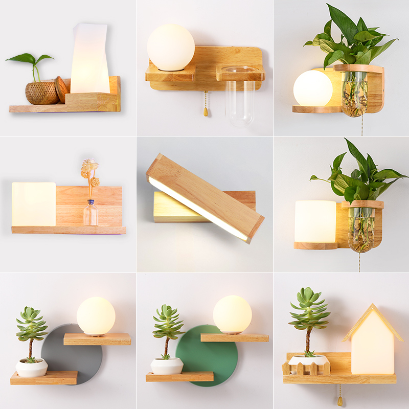 Nordic Limit Solid Wood Wall Lights Living Room Stairway Accessory Frame Green Double - head Bedroom Light Light