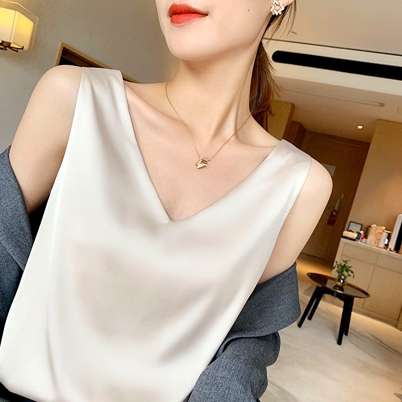 Europe Station Real Silk Harness Vest V Collar Blouse Women Satin acetate mulberry silk sleeveless with a large size for undershirt