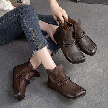Shanghai jieshu autumn and winter new style retro style fashionable women's boots flat side zipper first layer cowhide simple and versatile women's shoes
