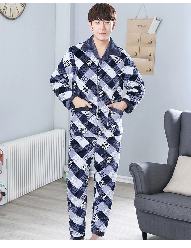 Bộ đồ ngủ nam flannel có đệm bông cộng với nhung nhung san hô Phiên bản Hàn Quốc của dịch vụ gia đình trẻ trung và trung niên ba lớp