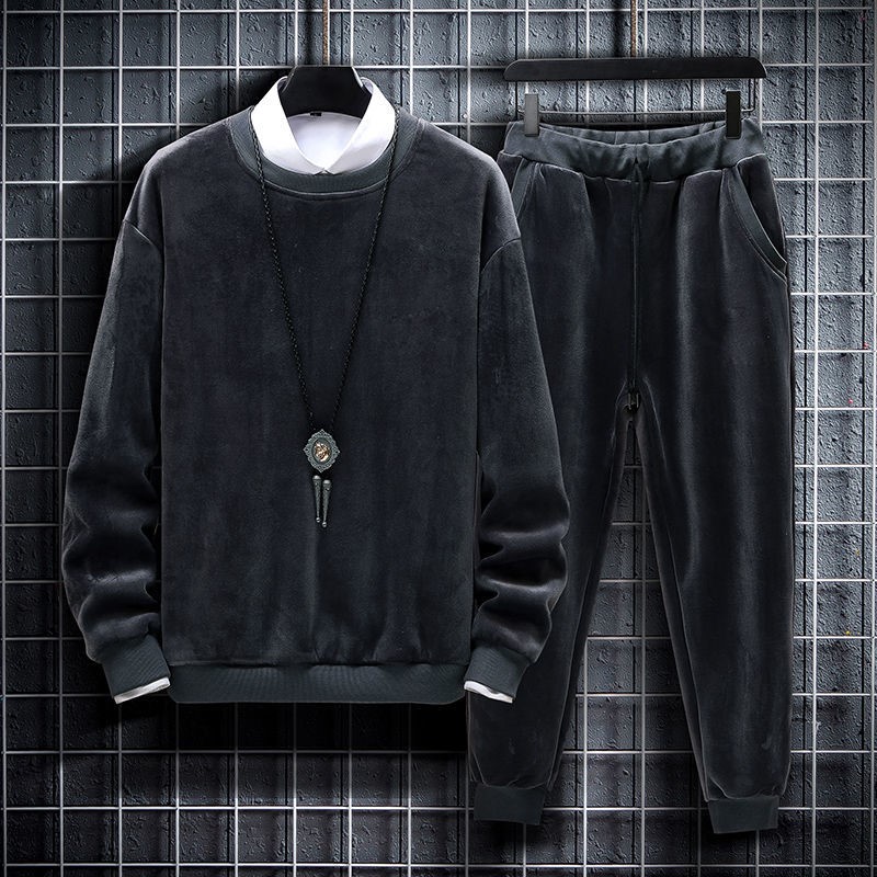 Autumn Winter Sweatpants Suit Men's 2021 New Gushed Thickened Round Collar Boys Sportswear Casual Winter Clothing
