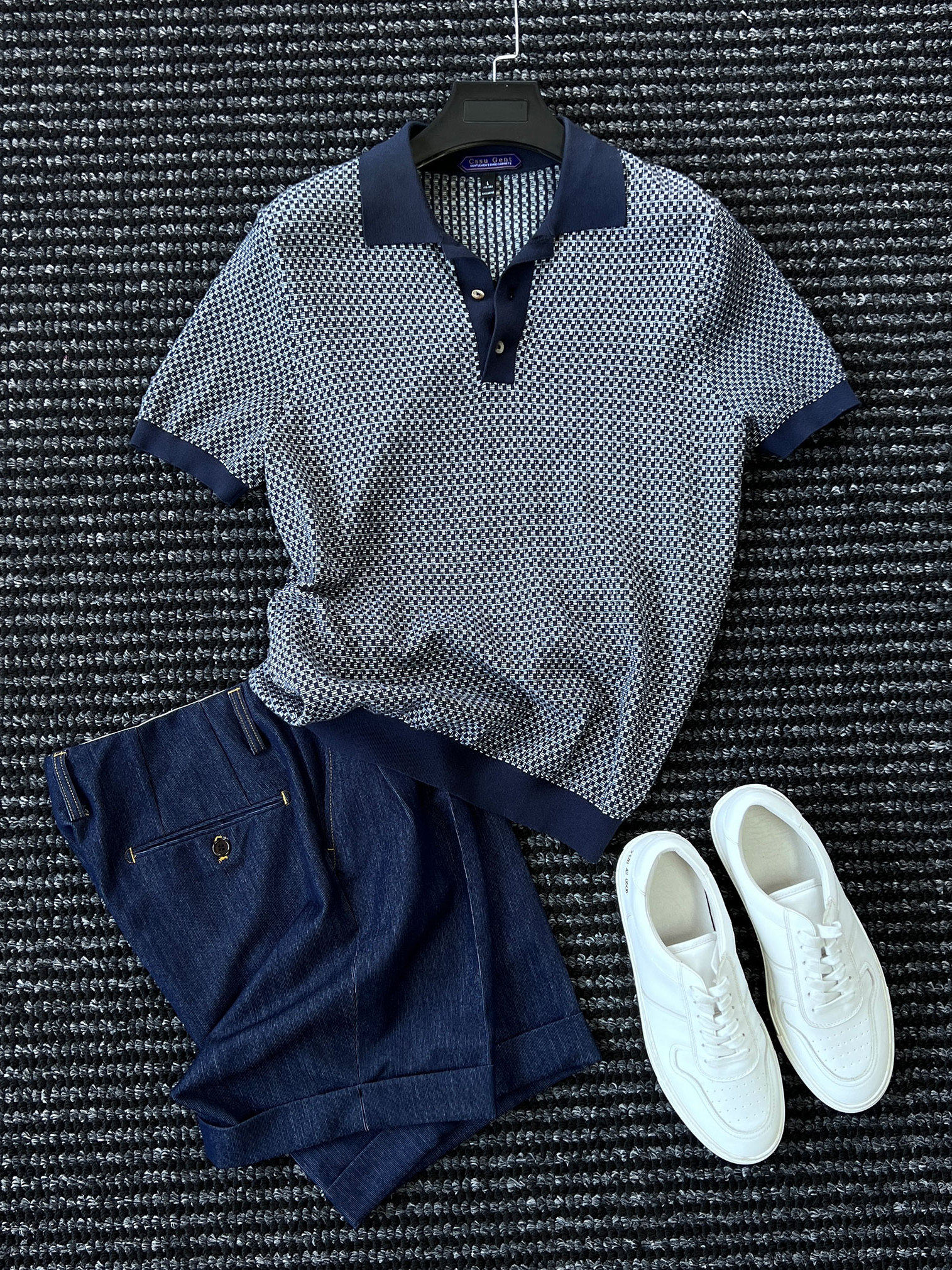 CssuGent 那不勒斯皇后 夏季100棉 细格针织短袖polo衫男休闲上衣