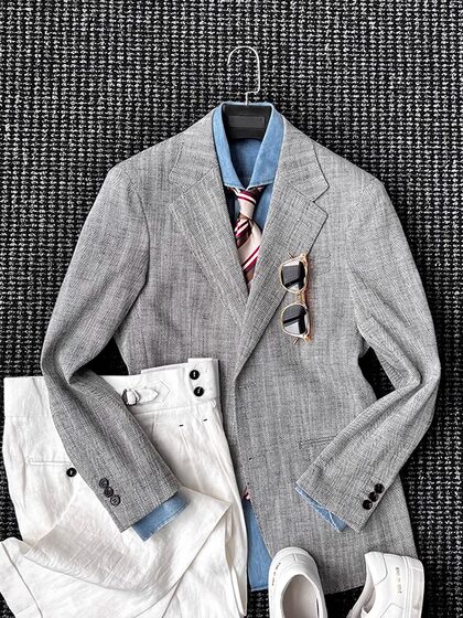 CssuGent定制级人字纹棉麻无结构西服男士休闲商务通勤平驳领西装