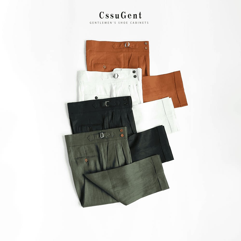 Gssu Gent 高定100%亚麻那不勒斯直筒西裤男士休闲商务轻奢百搭裤