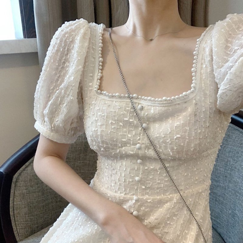 Fall new first love series fairy dress Korean version small balsamic wind square collar short sleeve foreign dress women's style small crowdflower dress