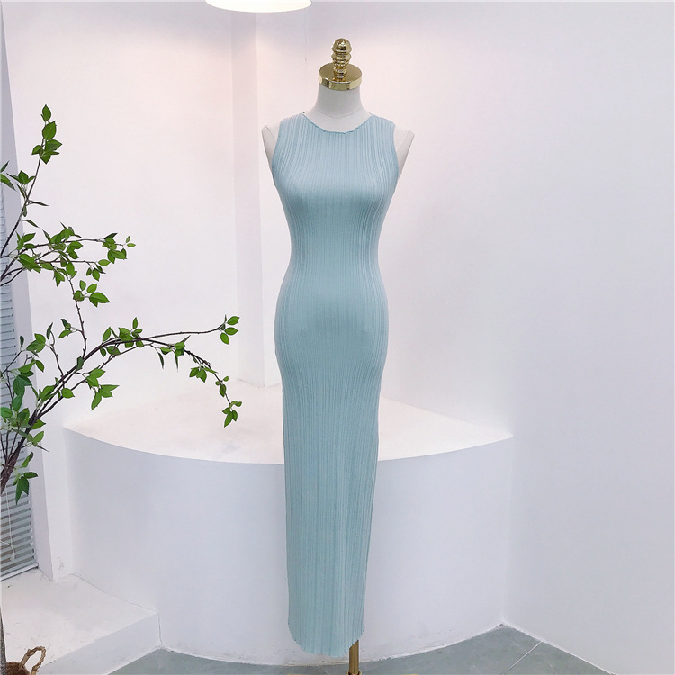 Summer New Style Gentle Round Neck Elastic Sleeveless Slit Tank Top Long Dress Slim Fit One-Step Dress Formal Dress