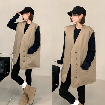 Thickened quilted mid-length style vest and waistcoat for women