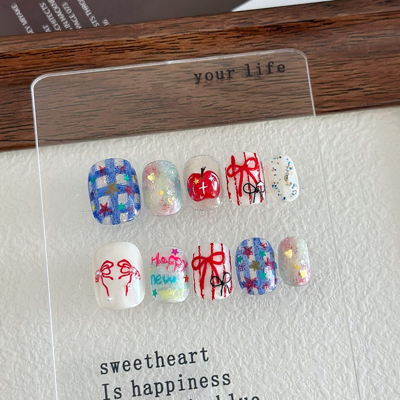 Yj Handmade Wearable Nails New Year Manicure ins Short Style Red Series Fake Nails Bowknot Apple Korean Style Manicure