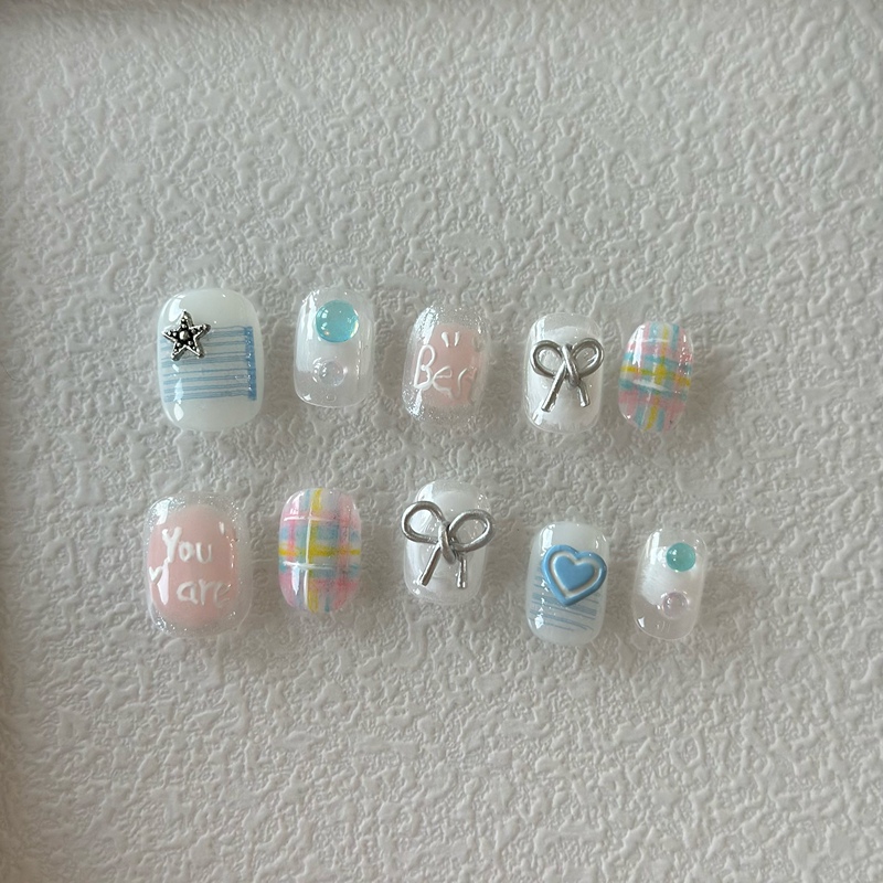Yj Handmade Wearable Nails ins Cute Short Nail Art Plaid Bow Pink Fake Nails Korean Style Short Round