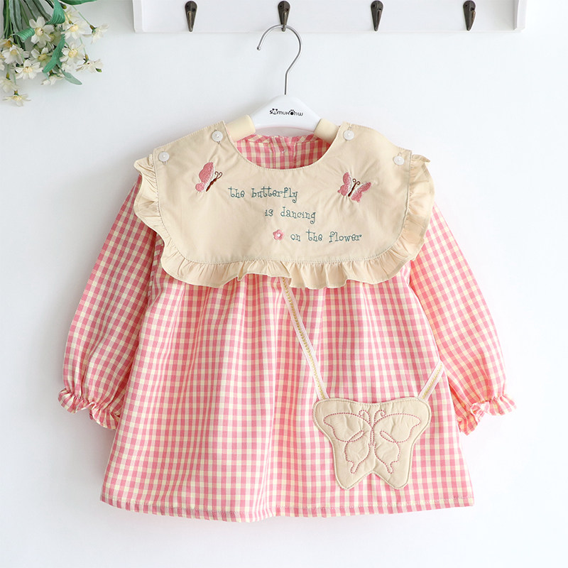Fluttering and dancing girls children baby spring and autumn butterfly plaid reverse dressing overcoat waterproof bib detachable