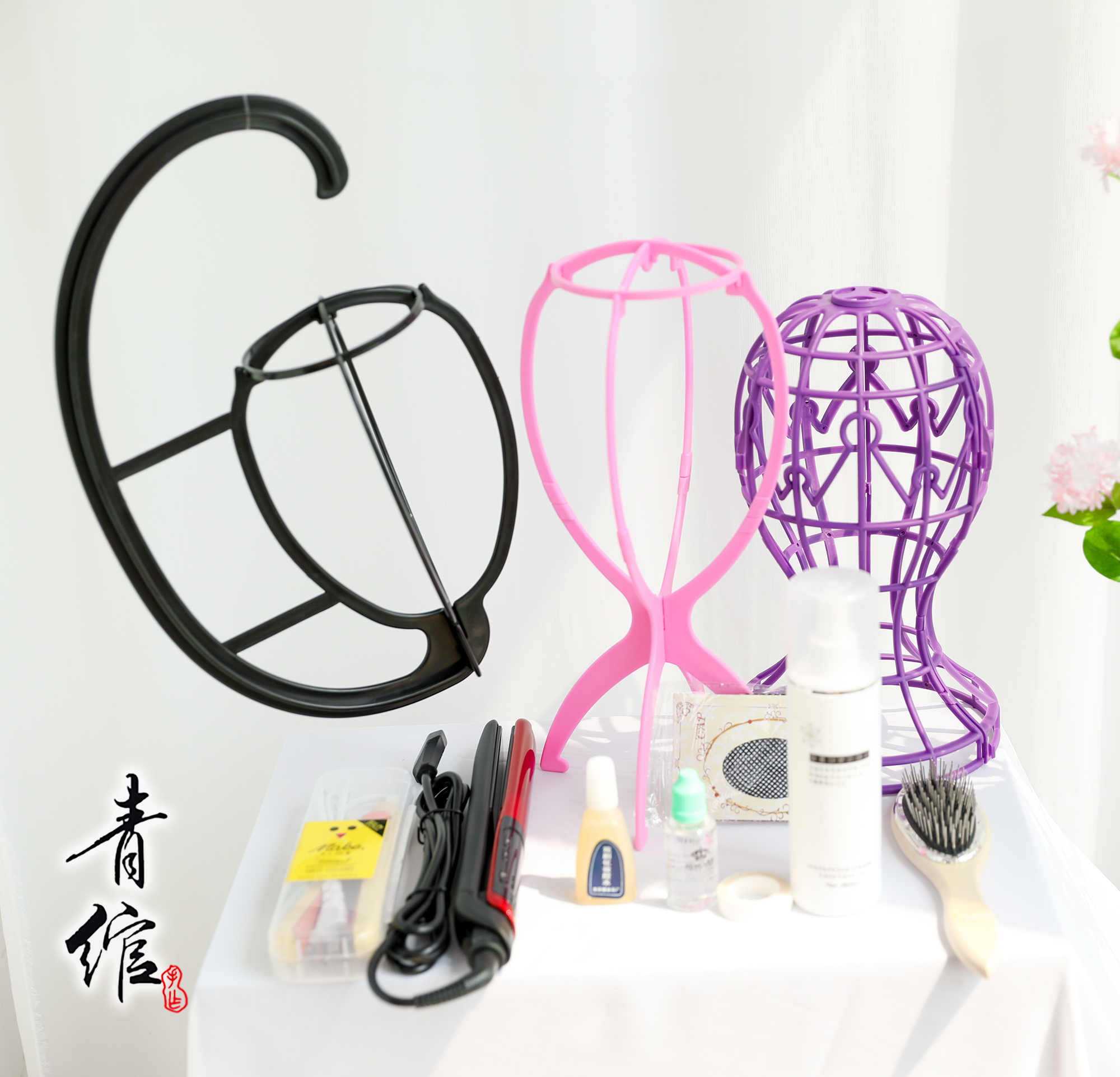 (Qingwan) Wig Care Tool Hair Net Wooden Comb Bracket Nursing Liquid Splint Hand Hook Hair Alcohol Glue