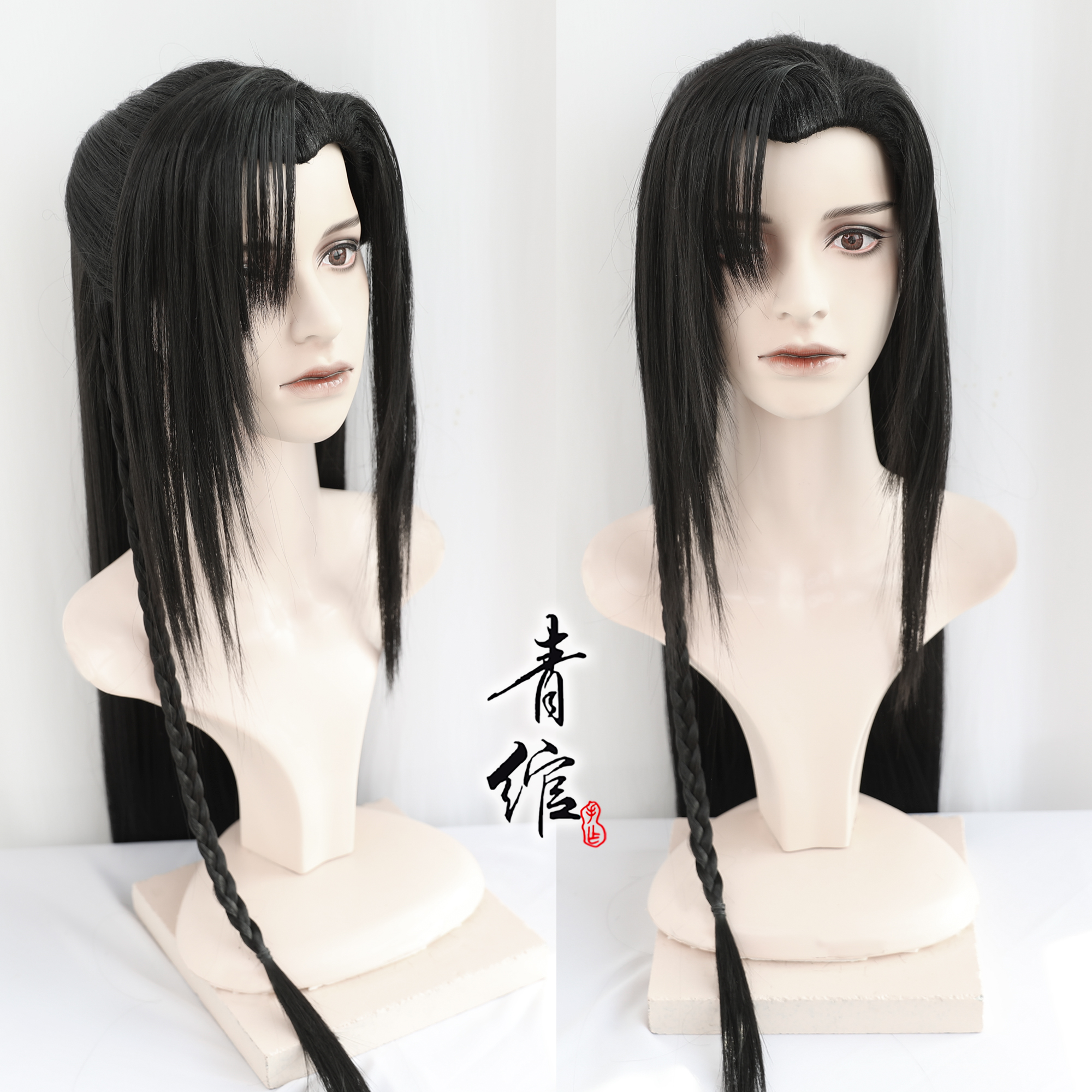 (Green Up) Black Beauty Cusp Ancient Wind Fiction Ancient Wind Hanfu Men's Day Officer Blessed Flowers City COS Wig Headgear